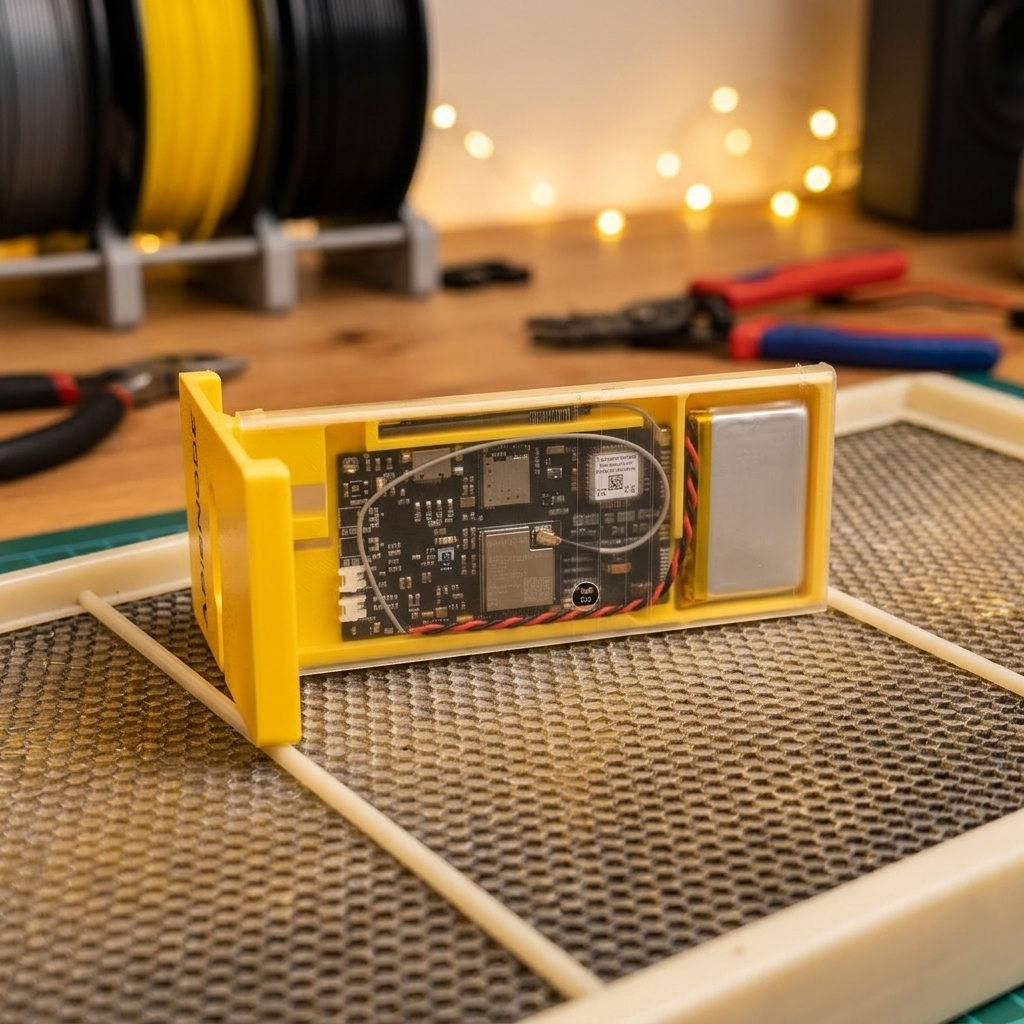 ApisNode beehive monitor PCB internals — ESP32-C6, BME688, ADXL362, LoRa radio